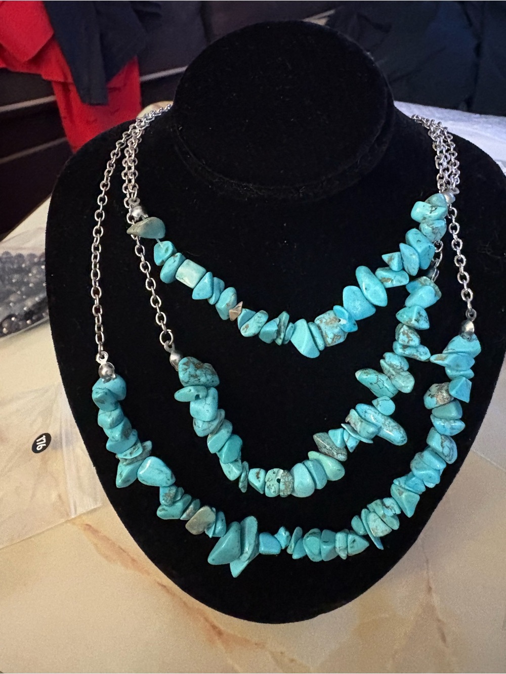 Source Unknown Turquoise Chip Layered Necklace - Blue Stone Triple Strand